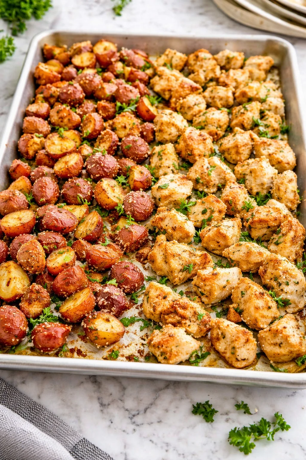 Baked Garlic Parmesan Chicken with seasoned potatoes on a rustic plate