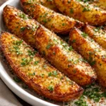 Crispy Baked Garlic Parmesan Potato Wedges on a plate, garnished with parsley