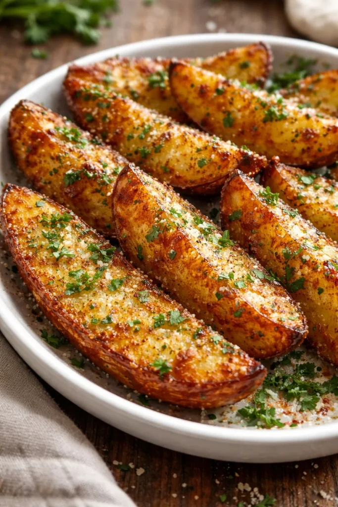Crispy Baked Garlic Parmesan Potato Wedges on a plate, garnished with parsley