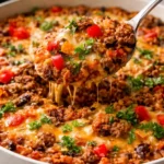 Delicious ground beef and rice casserole topped with cheese and herbs