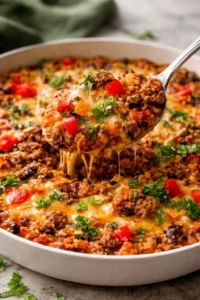 Delicious ground beef and rice casserole topped with cheese and herbs