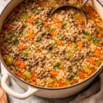 Delicious bowl of ground beef and rice soup garnished with herbs