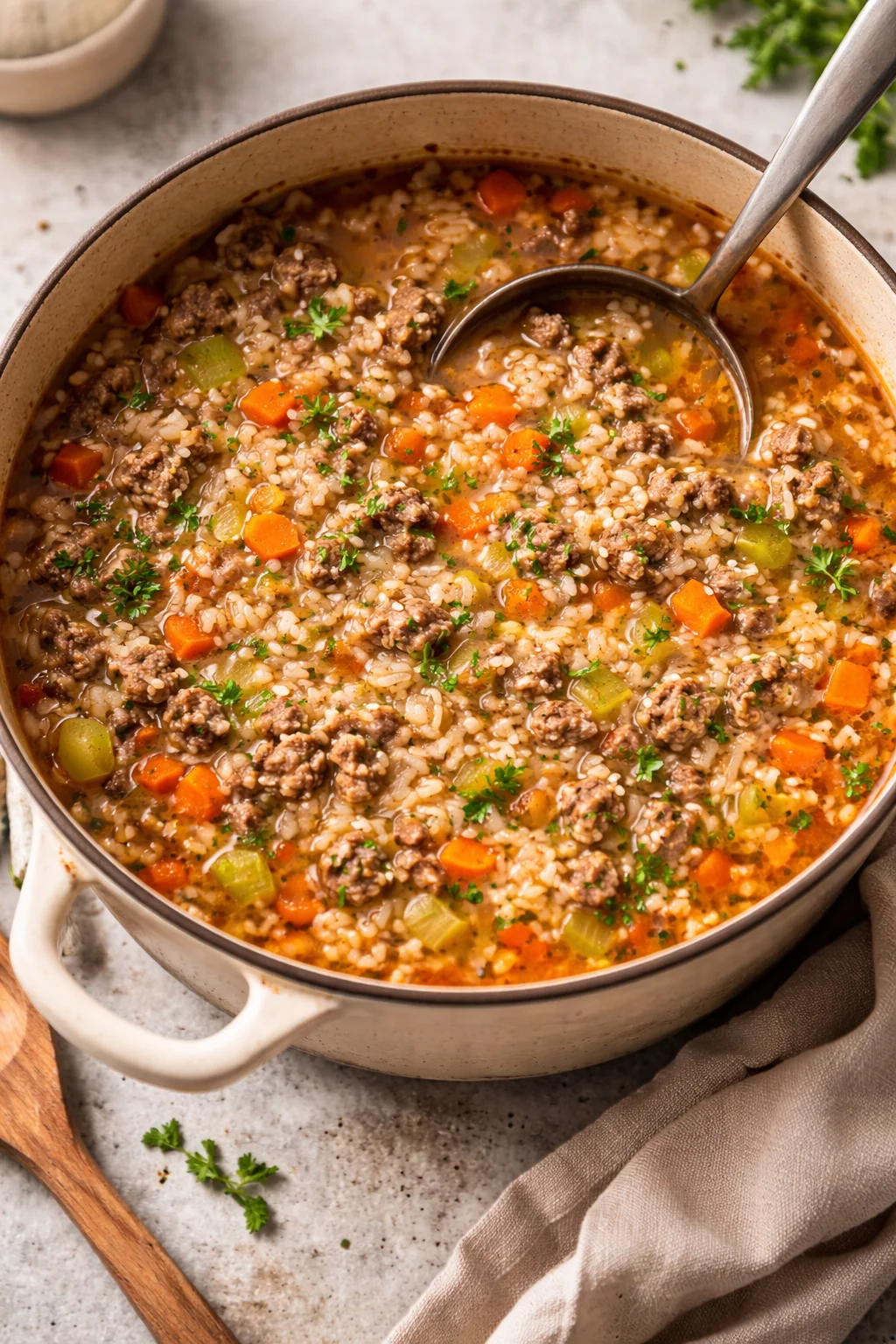 Delicious bowl of ground beef and rice soup garnished with herbs