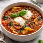 Bowl of low FODMAP lasagna soup topped with cheese and herbs