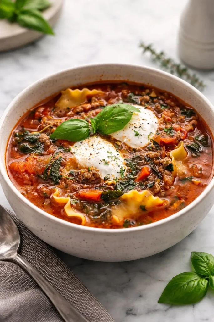 Bowl of low FODMAP lasagna soup topped with cheese and herbs