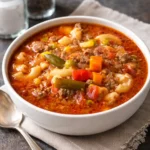 A bowl of Busy Day Soup ready to serve, showcasing fresh ingredients and steam.