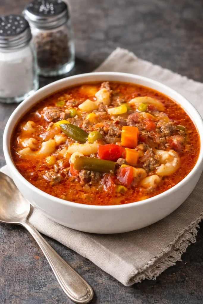 A bowl of Busy Day Soup ready to serve, showcasing fresh ingredients and steam.