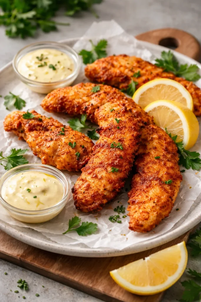 Crispy Buttermilk Chicken Tenders served with dipping sauce