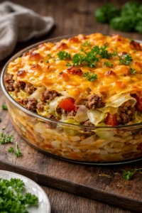 Delicious Cabbage Beef Bake served in a dish with melted cheese on top