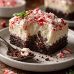 A slice of Candy Cane Lush dessert with a festive peppermint garnish.
