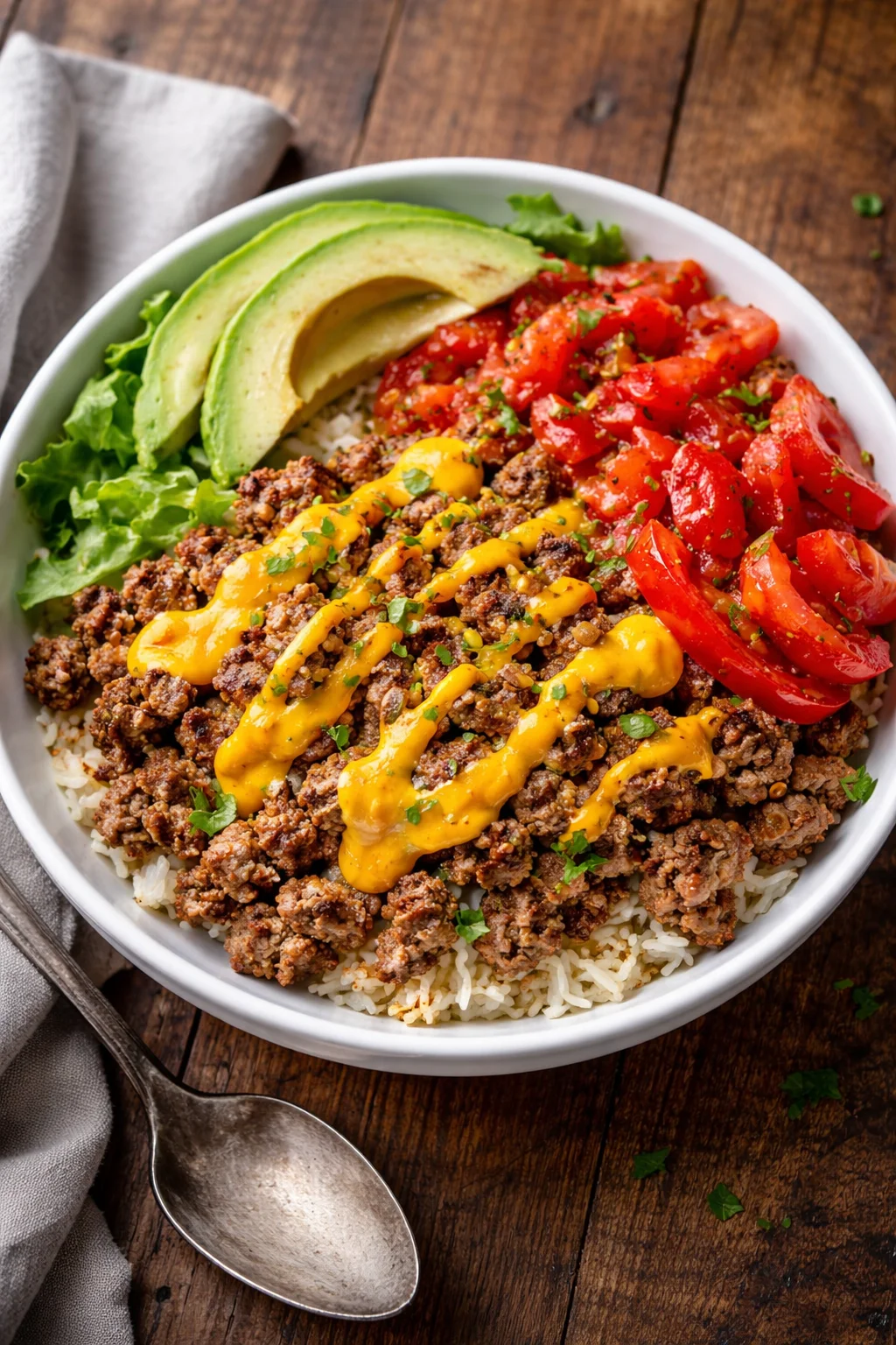 Delicious cheeseburger bowls topped with fresh ingredients and served in a bowl.