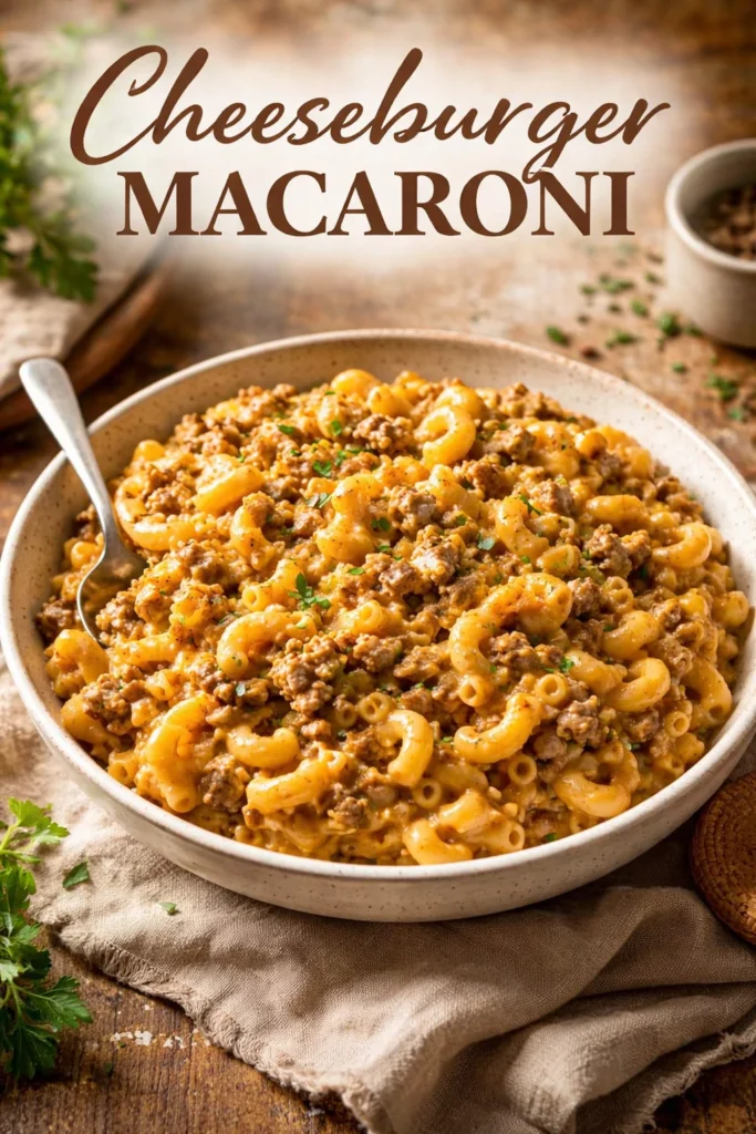 Delicious bowl of Cheeseburger Macaroni topped with cheese and herbs