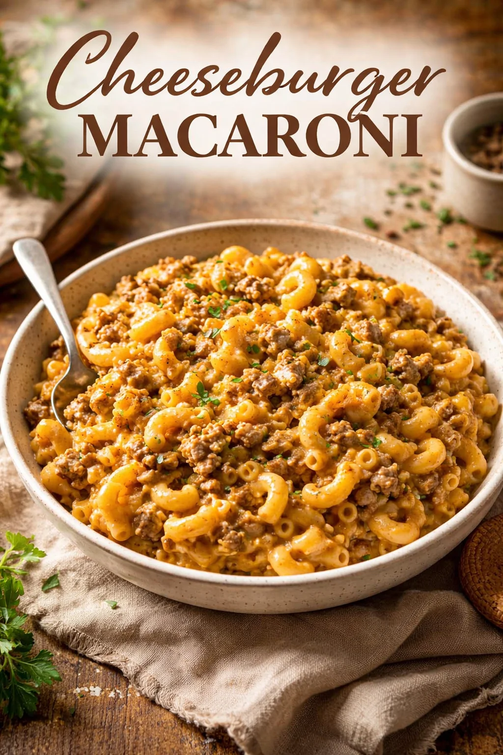 Delicious bowl of Cheeseburger Macaroni topped with cheese and herbs