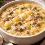 Cheesy hamburger potato soup in a bowl, garnished with herbs and melted cheese