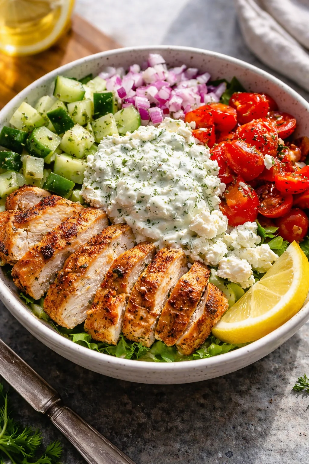 Chicken Bowl with Tzatziki sauce served in a bowl with fresh ingredients