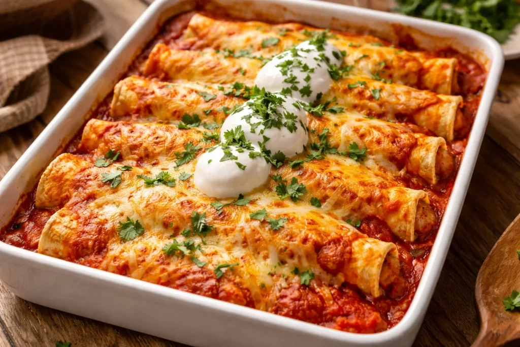 Plate of flavorful Chicken Enchiladas with cheese and toppings