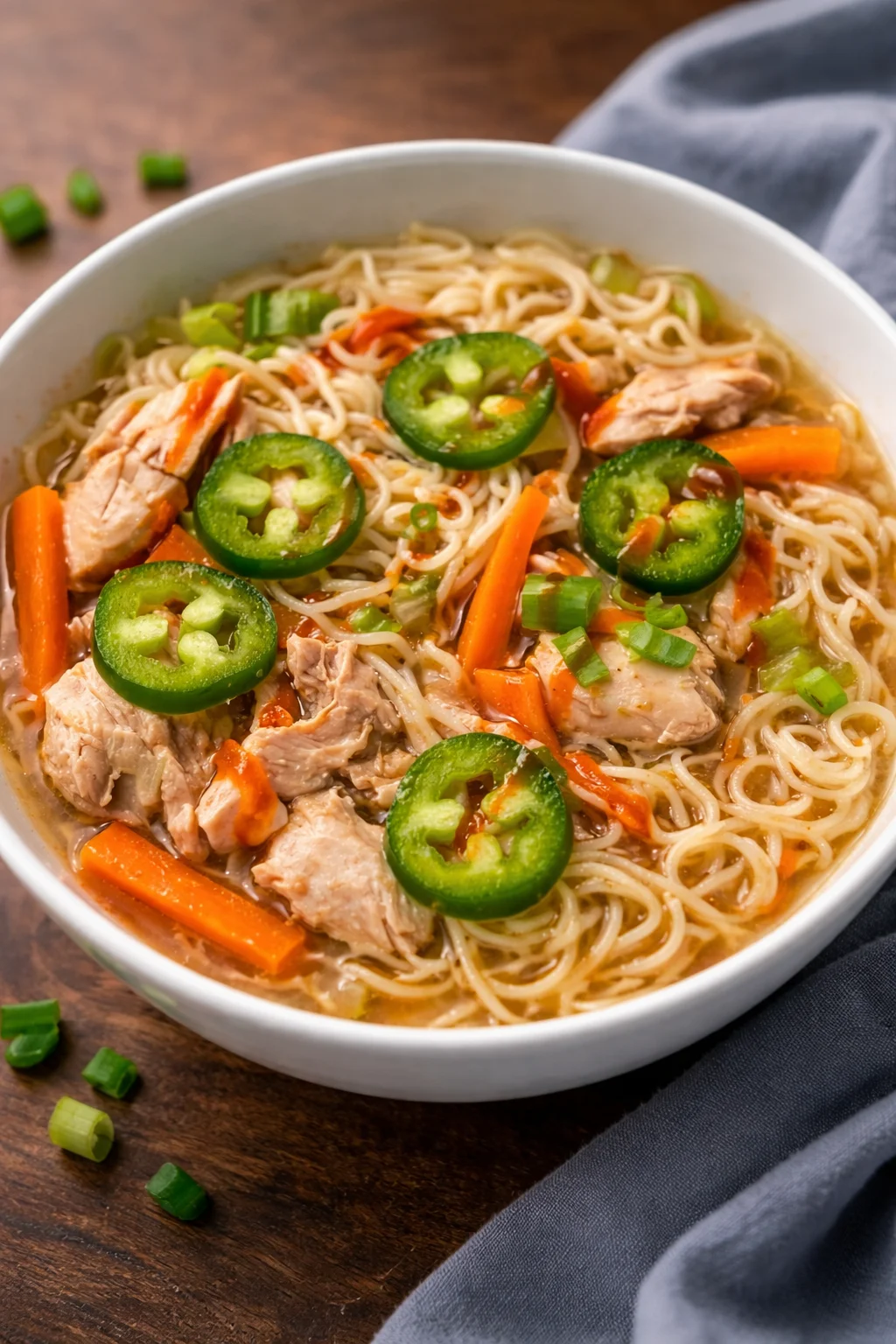 Delicious bowl of Chicken Ramen Soup topped with green onions and egg