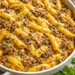 Delicious classic cheesy ground beef pasta served in a bowl with melted cheese.
