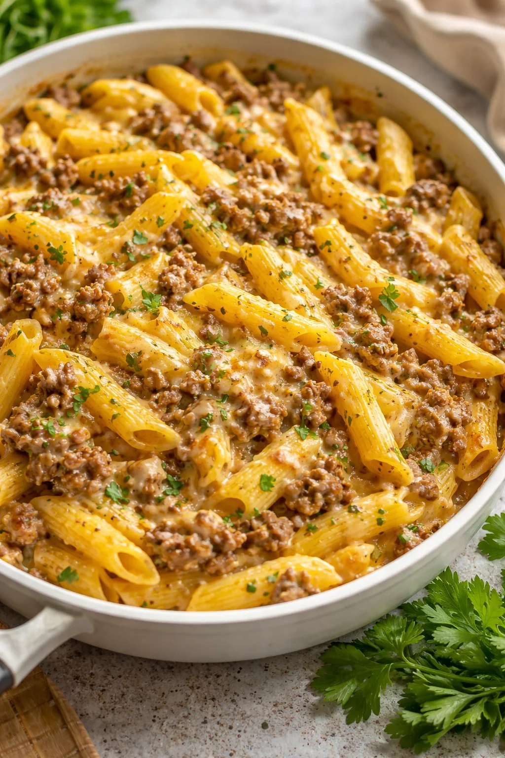 Delicious classic cheesy ground beef pasta served in a bowl with melted cheese.