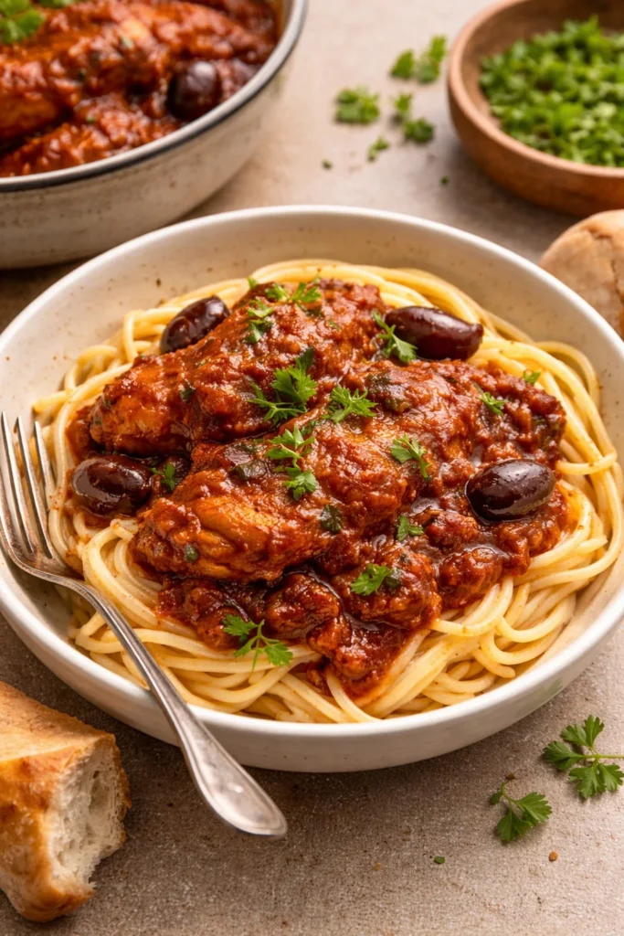 Plate of classic chicken cacciatore served with vegetables and herbs.