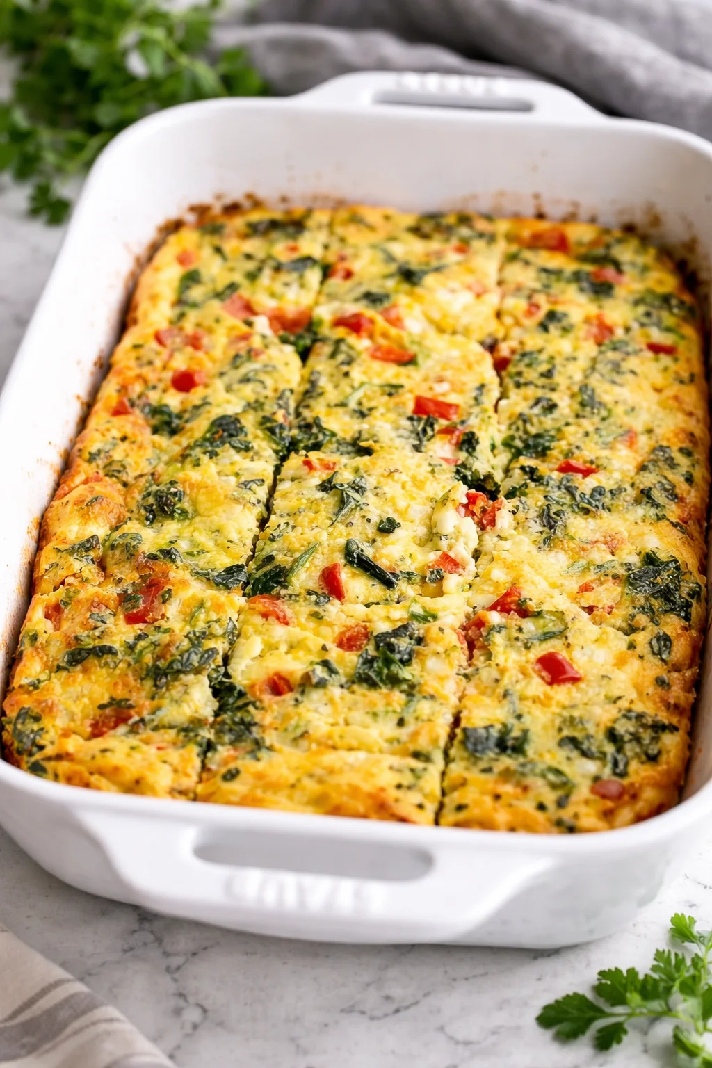 Cottage Cheese Egg Bake topped with fresh herbs and cheese