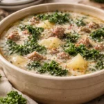 Cozy crockpot sausage, kale, and potato soup in a bowl