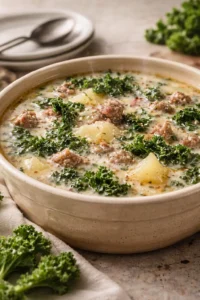 Cozy crockpot sausage, kale, and potato soup in a bowl