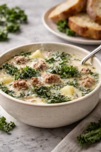 Cozy crockpot sausage kale and potato soup in a bowl with fresh herbs