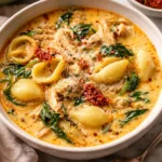 Bowl of creamy chicken pasta soup with fresh herbs and vegetables