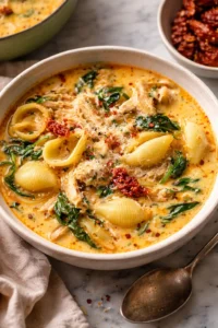 Bowl of creamy chicken pasta soup with fresh herbs and vegetables