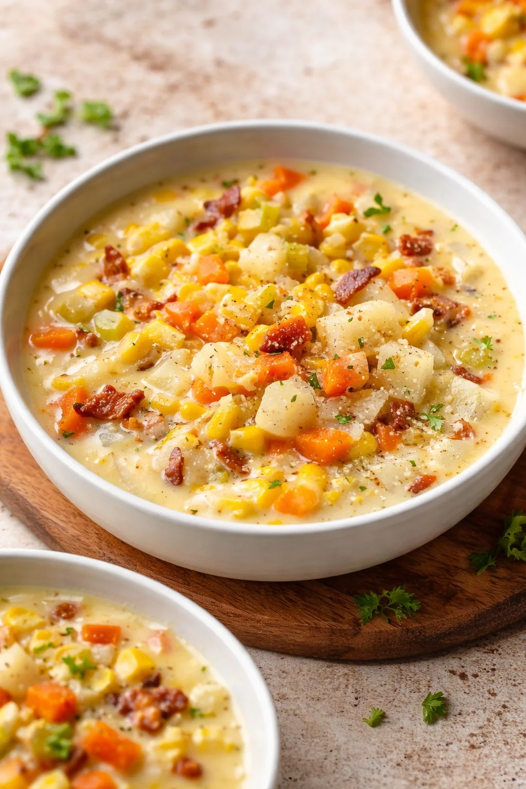 Bowl of creamy corn chowder topped with fresh herbs and croutons.