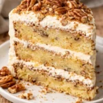 Slice of creamy pineapple pecan cake topped with pecans and pineapples