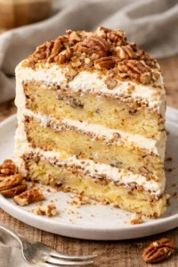 Slice of creamy pineapple pecan cake topped with pecans and pineapples