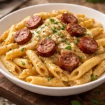 Creamy smoked sausage pasta with rich sauce and herbs in a bowl