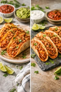 Delicious crispy chicken tacos garnished with fresh toppings