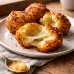 Crispy mashed potato cheese puffs served on a plate