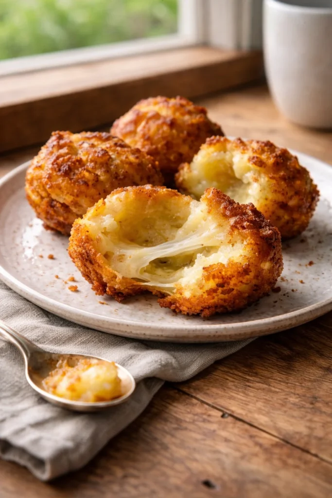 Crispy mashed potato cheese puffs served on a plate