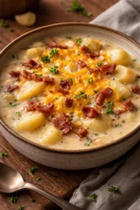 Crock Pot Crack Potato Soup in a bowl garnished with bacon and green onions