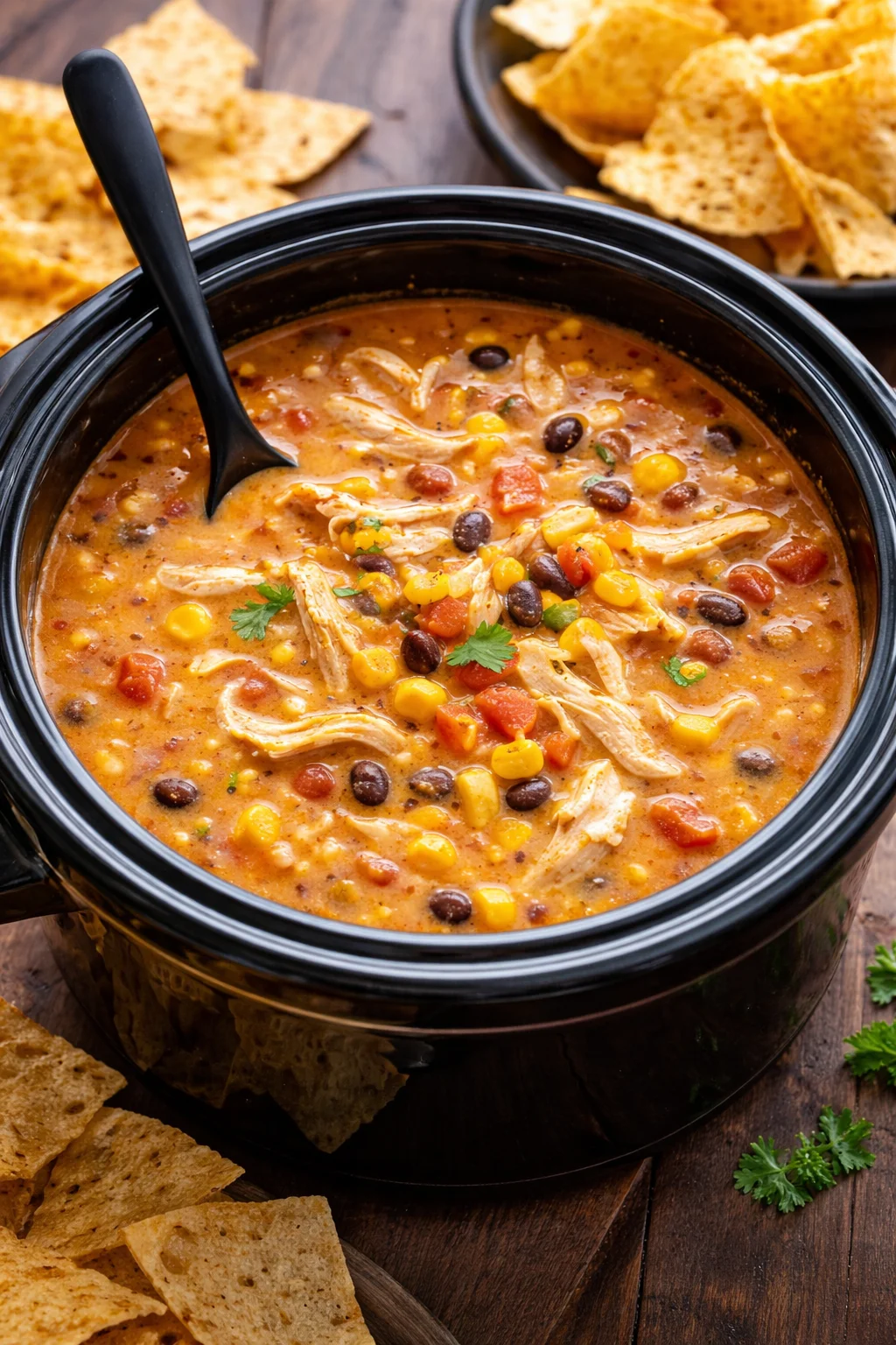 Crockpot Chicken Tortilla Soup served in a bowl with toppings