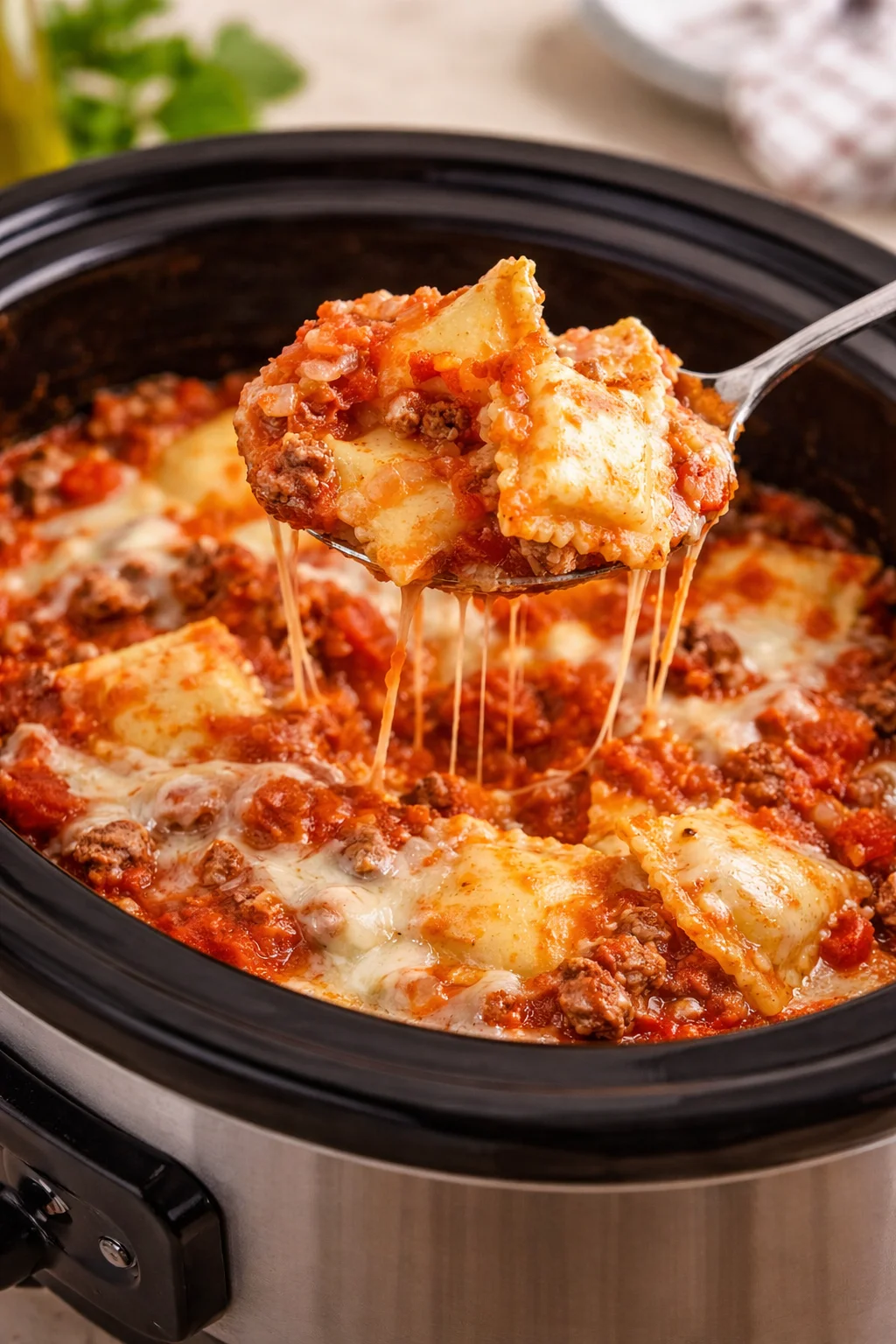 Delicious Crockpot Lasagna with Ravioli ready to serve.