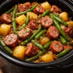 Crockpot Sausage and Green Beans recipe cooked in a slow cooker.
