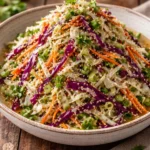 Bowl of Crunchy Asian Cabbage Slaw with colorful vegetables and dressing
