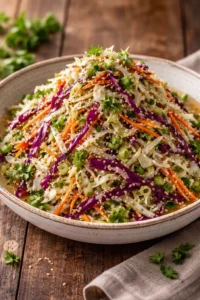Bowl of Crunchy Asian Cabbage Slaw with colorful vegetables and dressing