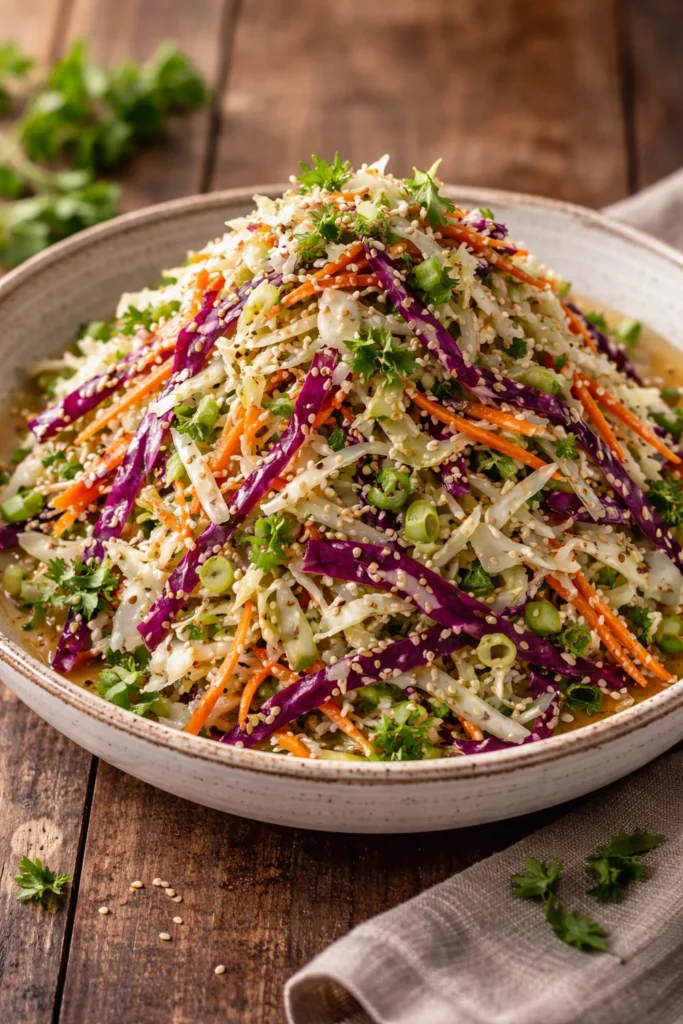Bowl of Crunchy Asian Cabbage Slaw with colorful vegetables and dressing