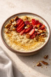 Bowl of creamy custard oatmeal topped with fresh fruits and nuts