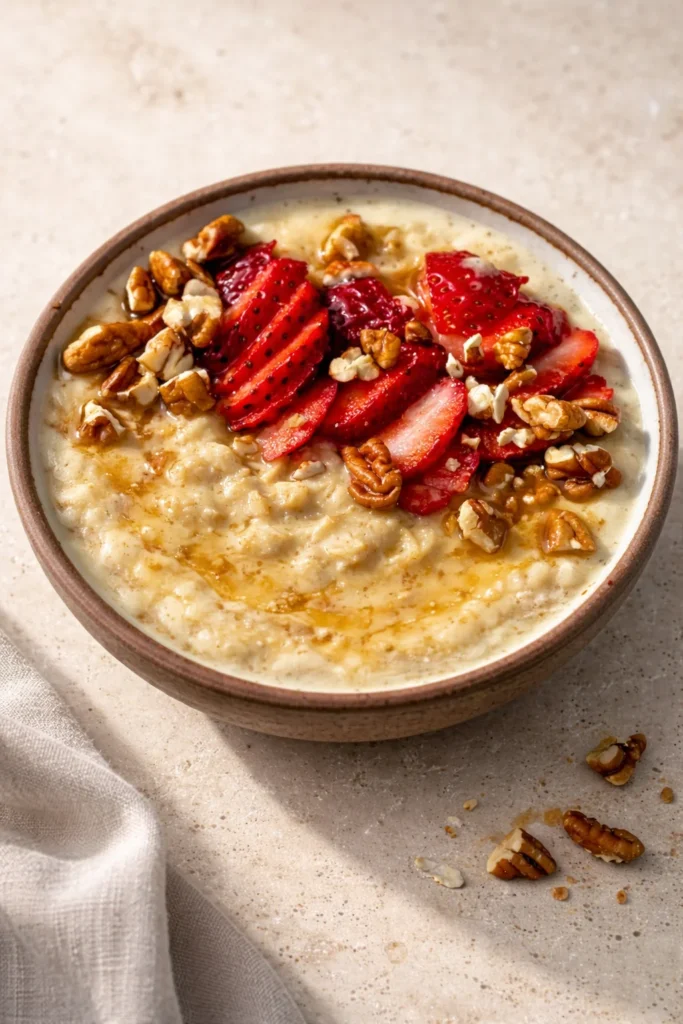 Bowl of creamy custard oatmeal topped with fresh fruits and nuts