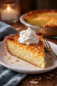 Delicious easy coconut rum pie topped with whipped cream and coconut flakes.