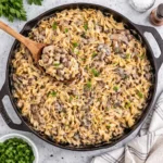Easy ground beef stroganoff with creamy sauce over noodles