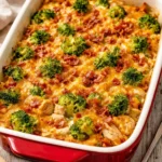Easy low carb chicken casserole served in a baking dish with vegetables