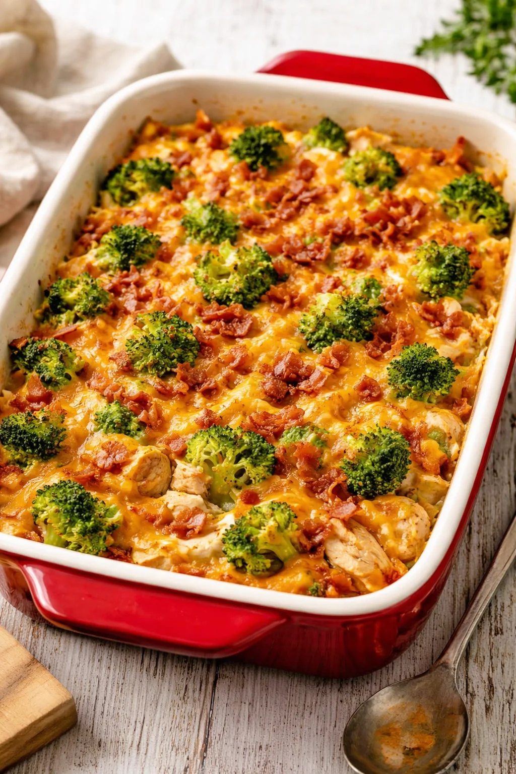 Easy low carb chicken casserole served in a baking dish with vegetables